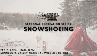 snowshoeing graphic for the recreation series featuring a photograph of a wintery scene with a red tent and snowshoes stuck in the snow.