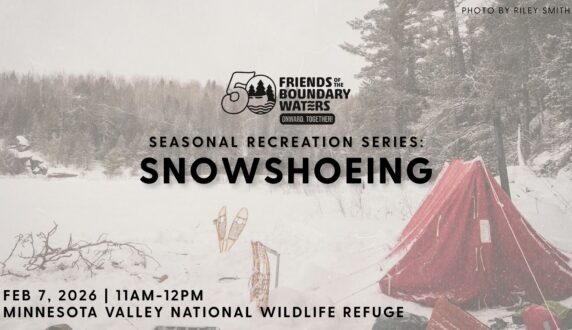 snowshoeing graphic for the recreation series featuring a photograph of a wintery scene with a red tent and snowshoes stuck in the snow.