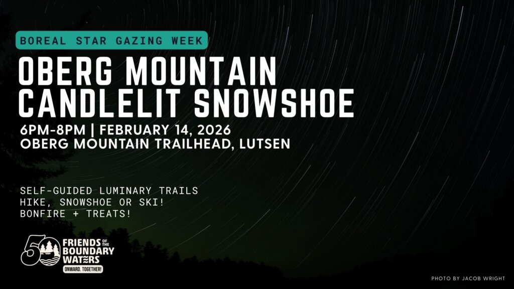 Graphic with night sky star time-lapse - Oberg Mountain Candlelit Snowshoe