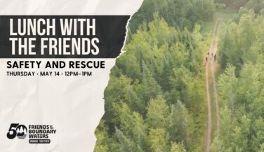 An overhead shot of people among trees, with meeting info.