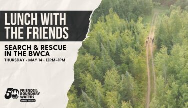 An overhead shot of people among trees, with Search and Rescue webinar meeting info.