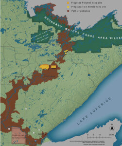 Pollution from proposed Polymet and Twin Metals Mines shown as a brown color near the St. Louis and Rainy River watersheds
on a map of northeast Minnesota.