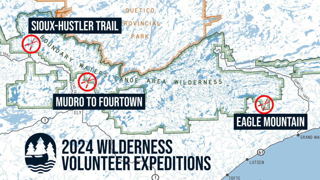Map showing Northeast MN 2024 Wilderness Volunteer trail crew opportunities at Sioux-Hustler Trail, Mudro to Fourtown and Eagle Mountain.