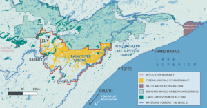 BWCAW-Withdrawal Map - showing minerals, water bodies, reservations and parklands in northeastern Minnesota.