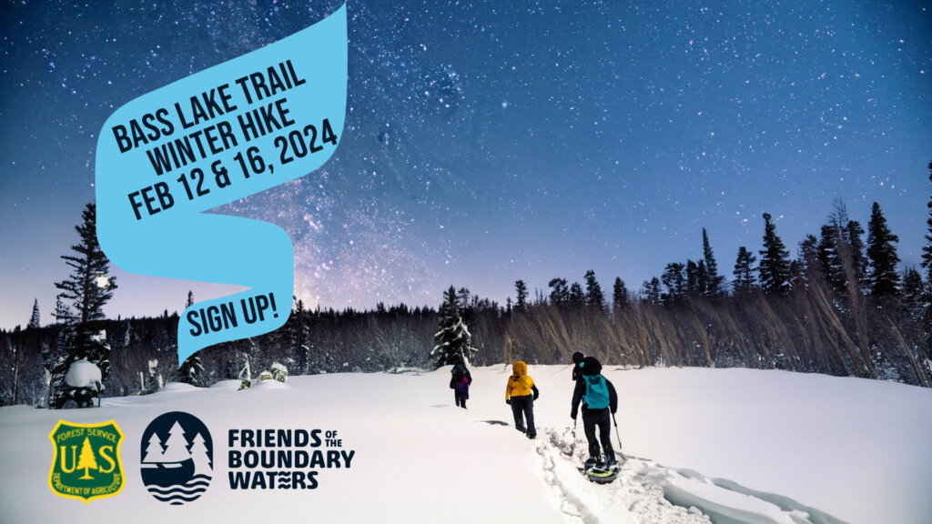 People snowshoeing into the woods near the BWCA