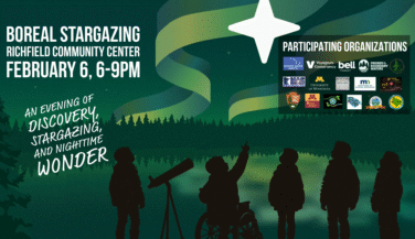 Silhouetted kids gaze at the stars under the aurora borealis near the Boundary Waters.