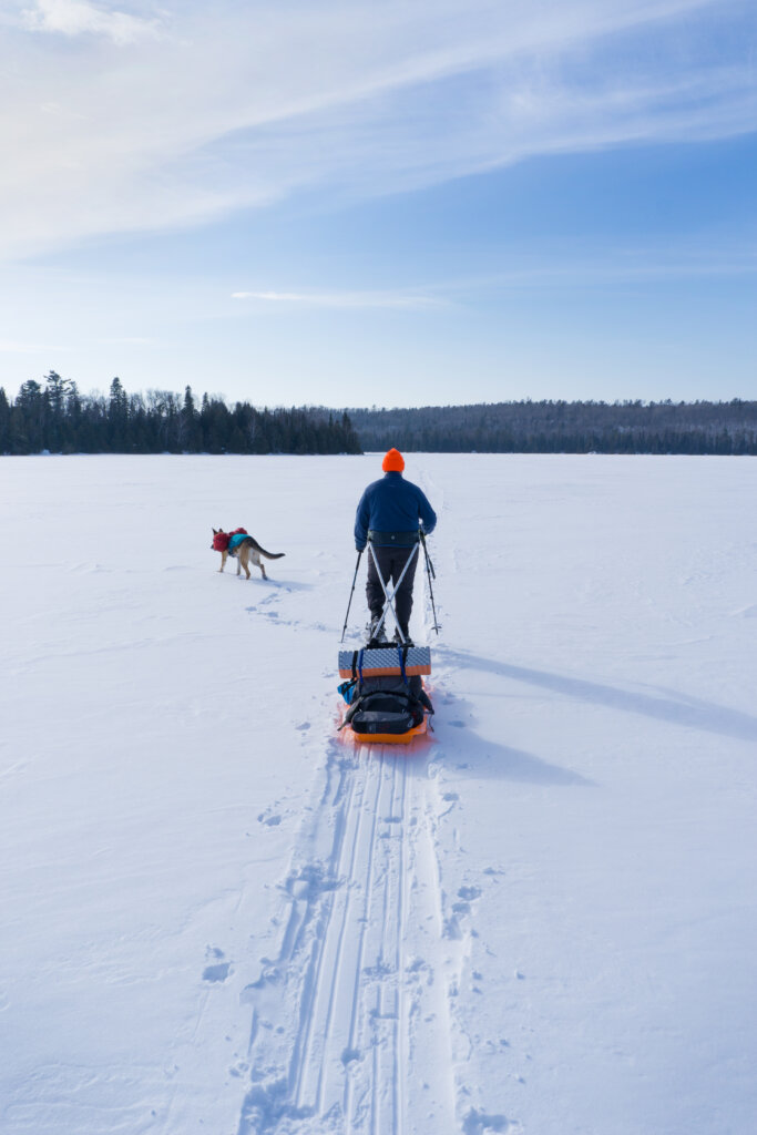 A man in an orange stocking hat pulls a pulk forward through the snow, with a dog laden with supplies who is steps ahead of him on a snowy lake.