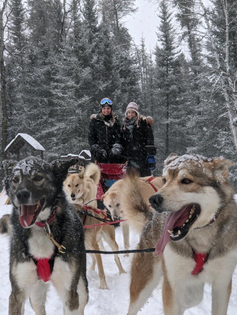 Two women pose behind a pack of sled dogs in front of towering snowy trees