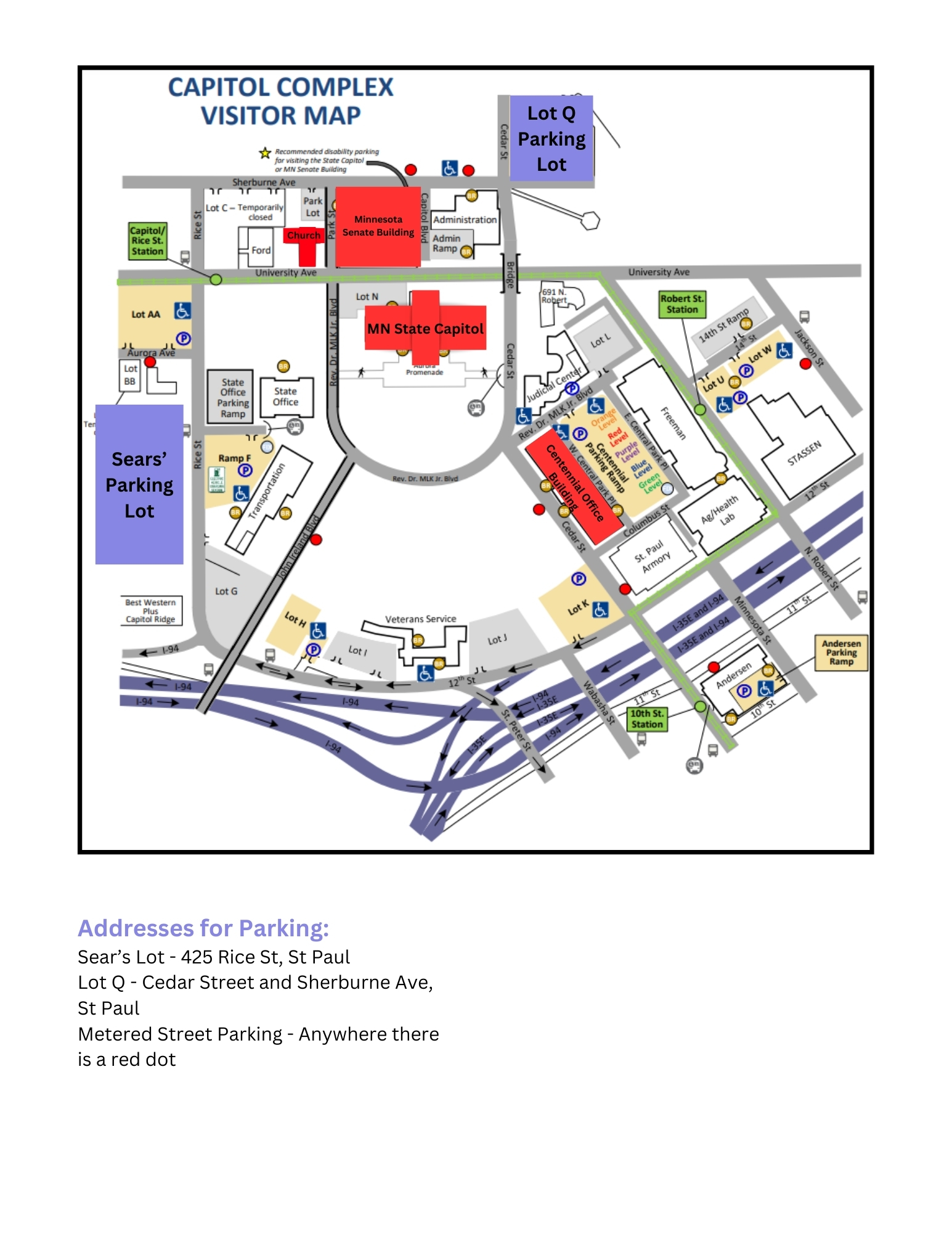Capitol Map with Parking and Senate Building marked