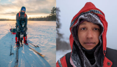 Emily Ford and Diggins on skis in the BWCA snow, and a closeup of Emily's face in a parka.