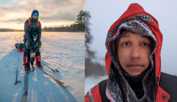 Emily Ford and Diggins on skis in the BWCA snow, and a closeup of Emily's face in a parka.