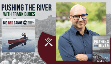Graphic showing Frank Bures with the cover of his book, Pushing the River