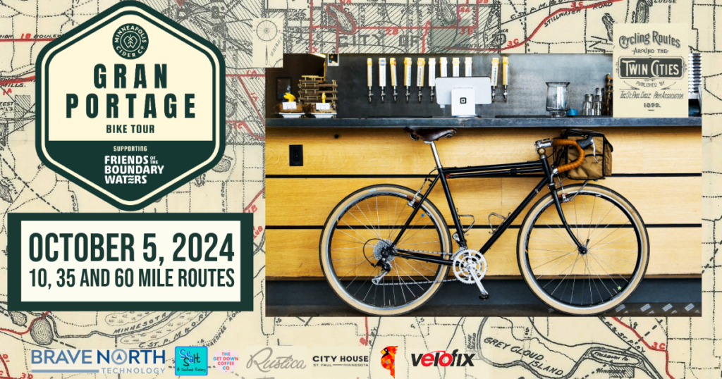 Gran Portage Bike Tour - October 5 2024 graphic showing bike against a bar and an old fashioned map of Twin Cities bike trails.