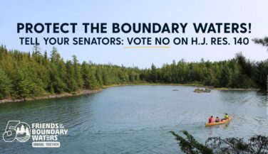 An idyllic view of a Boundary Waters lake, with several canoes in the distance, and the words 