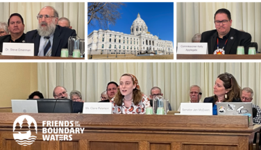 Key witnesses and officials in a Boundary Waters hearing under a photo of the State Capitol dome