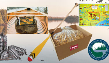 Bags, a paddle, a map, and a box of granola