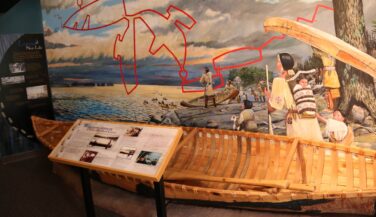 Canoe map and scene of native people at Bois Fort