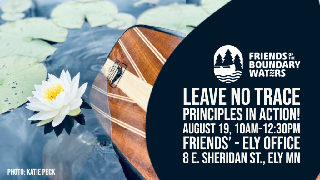 Graphic showing paddle in water next to lilypad flower
Leave No Trace Principles in Action!
August 19, 10AM-12:30PM
Friends'-Ely Office