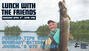 Lunch with Friends Fishing Tips graphic - Man holding up a giant northern pike