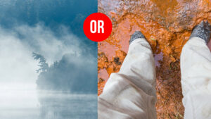 A foggy morning on a pristine lake - split screen with feet standing in polluted mud.