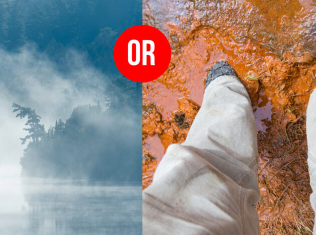 A foggy morning on a pristine lake - split screen with feet standing in polluted mud.