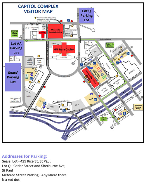 Map of building and addresses for parking:
Sears Lot - 425 Rice St. St. Paul
Lot Q - Cedar Street and Sherburne Ave, St. Paul
Metered Street Parking shown with red dots