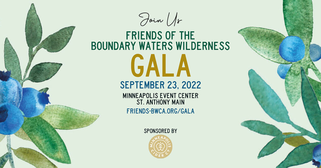 Blueberry Art with text
"Join us - Friends of the Boundary Waters Wilderness - Gala - September 23, 2022 - Minneapolis Event Center - St. Anthony Main - Friends-BWCA.org/Gala - Sponsored by Minneapolis Cider Co.