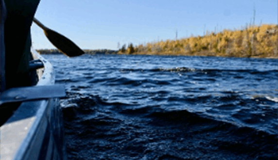 A canoe paddle poised to enter the water on a Boundary Waters lake