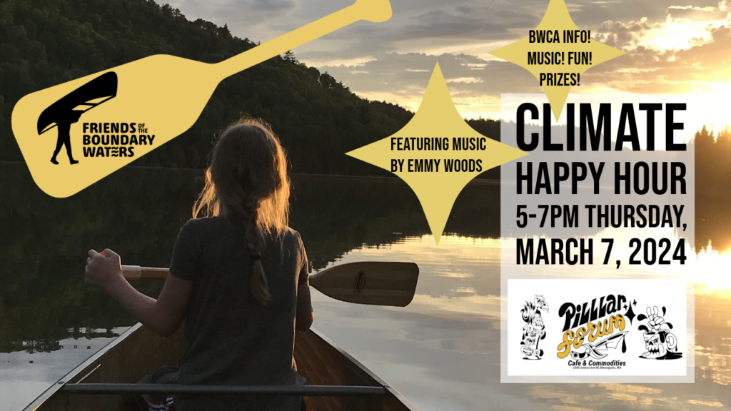 A picture of a girl paddling towards sunset, with information about Climate Happy Hour at Pillar formu March 7, 2024 5-7PM, featuring music by Emmy Woods.