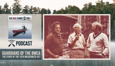 Old photo of Early BWCA Advocates outside Sig Olson's cabin. Text Reads, 