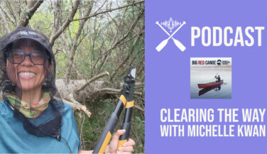 Picture of Woman with bug net headgear and snippers - Text: Podcast - Trail Clearing the Way with Michelle Kwan