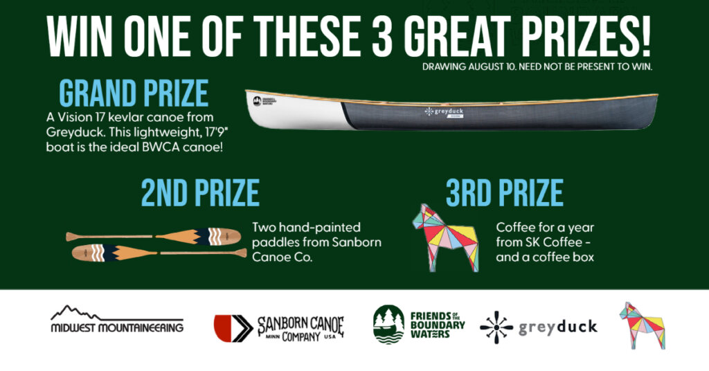 Graphic featuring canoe raffle at Midwest Mountaineering.