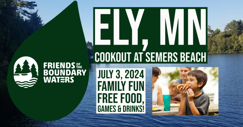 Woodsy Beach scene with text - Ely MN - Cookout at Semers Beach - July 3, 2024 Family Fun, Free Food, Games & Drinks