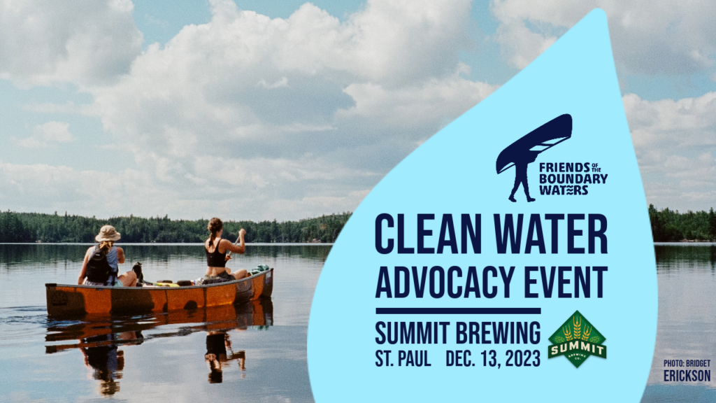 A couple canoeing - with graphic advertising Clean Water Advocacy Event at Summit Brewing