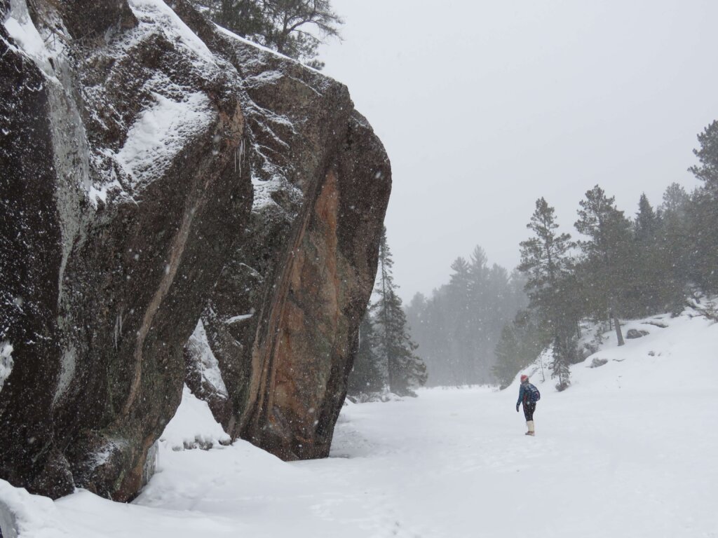 Winter snowshoeing in BWCA, Minnesota South Hegman Lake in the Boundary Waters in winter