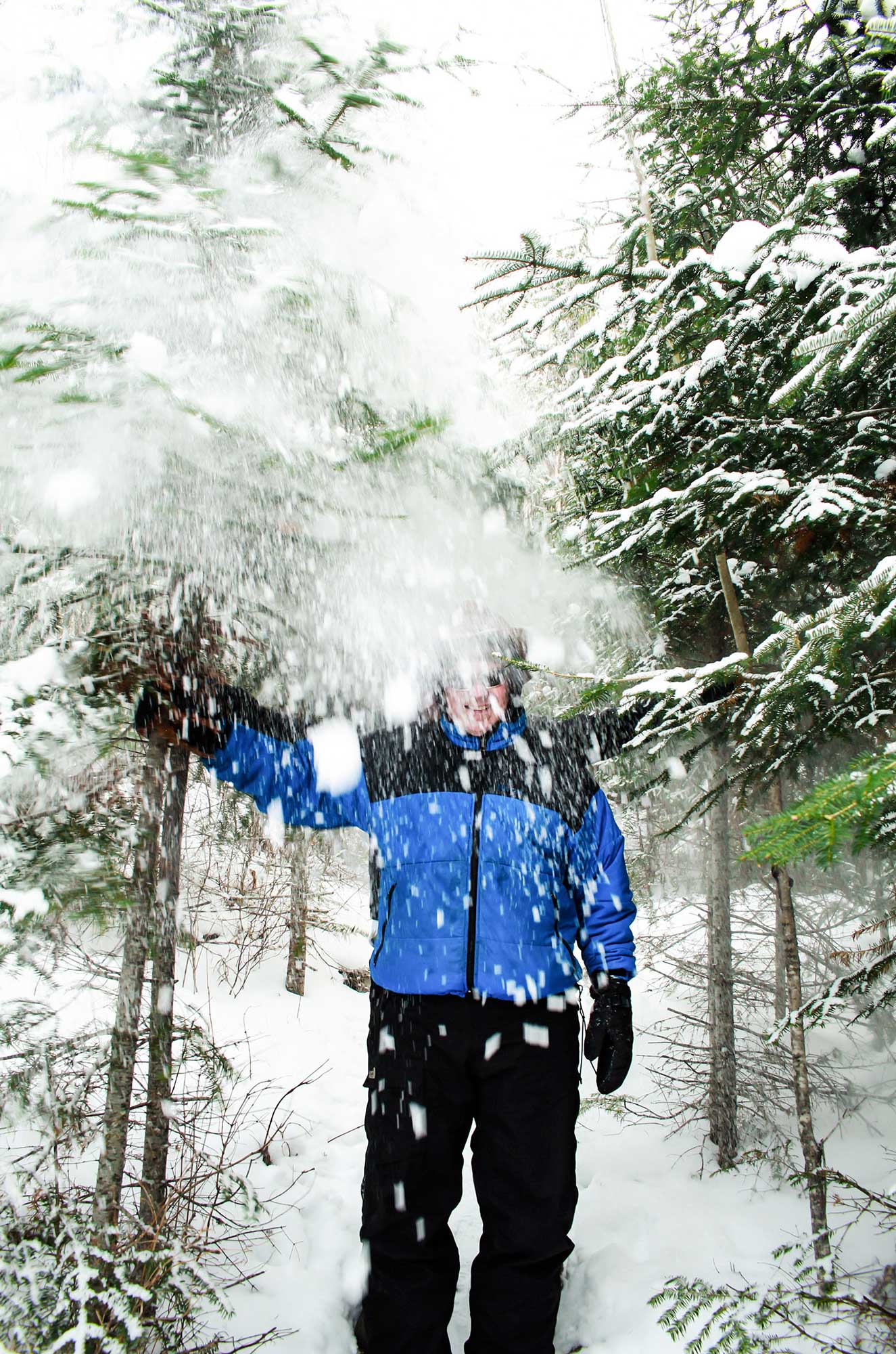A man stands amidst the snowy trees in the Boundary Waters.