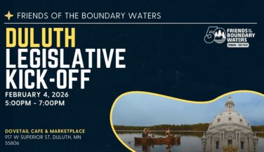 Duluth Legislative Kickoff - Rescheduled for Feb 4th - graphic showing capitol dome and canoe paddlers.