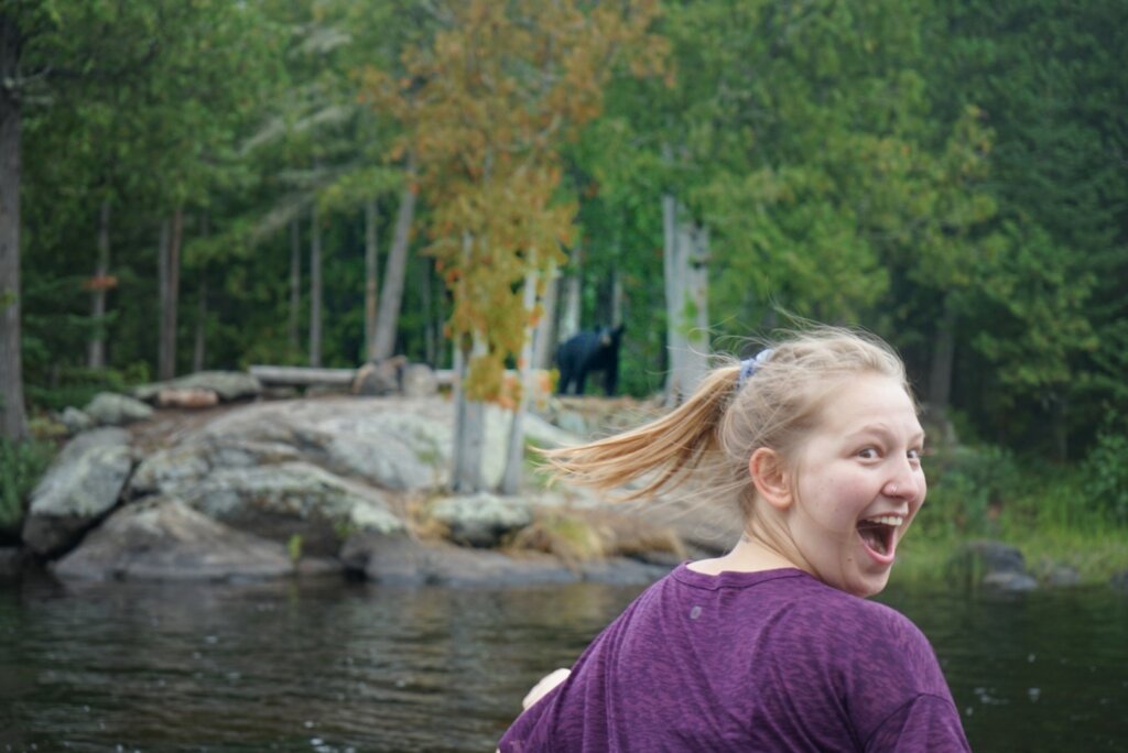 Surprised paddler sees a bear in a Boundary Waters campsite