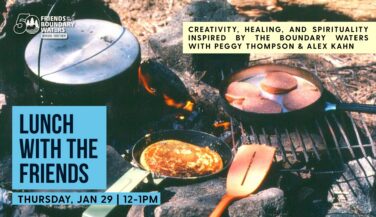 A graphic for Lunch with the Friends with a photograph of pancakes and sausage cooking over a campfire.